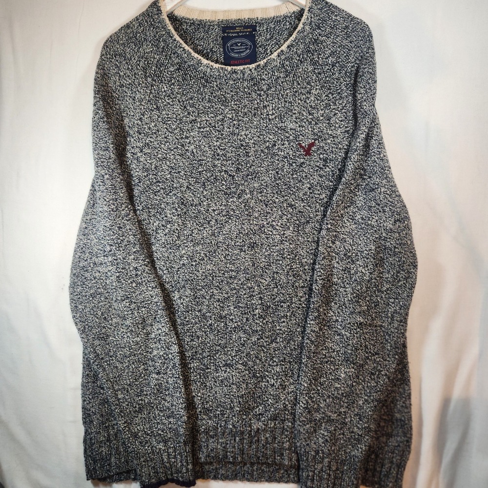 American Eagle Mens XL Athletic Fit Marled Knit Crewneck Sweater Navy White